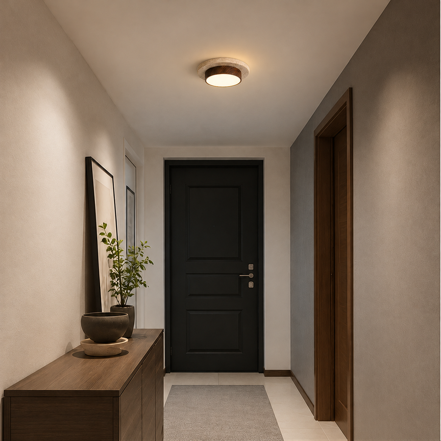Quantum Ø22 cm — bois foncé en couloir, échelle corrigée