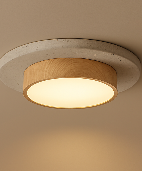 Plafonnier Béton Brut et Bois Naturel Anneau LED - Salon Cuisine Chambre — Quantum