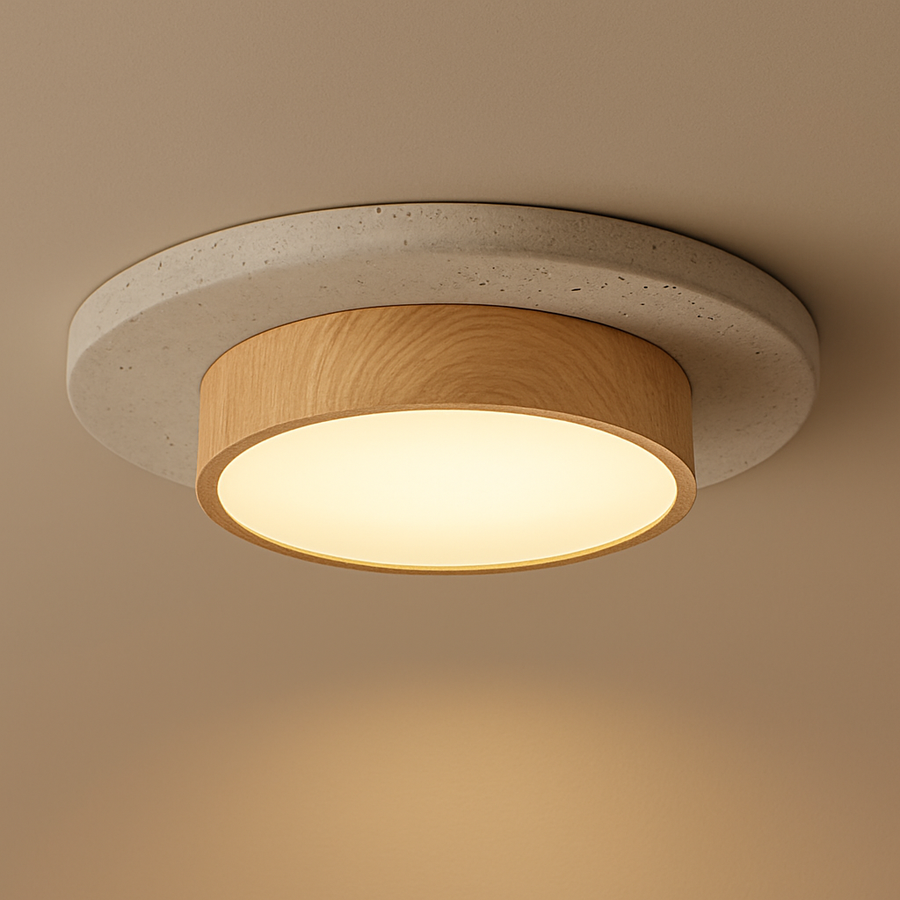 Plafonnier Béton Brut et Bois Naturel Anneau LED - Salon Cuisine Chambre — Quantum