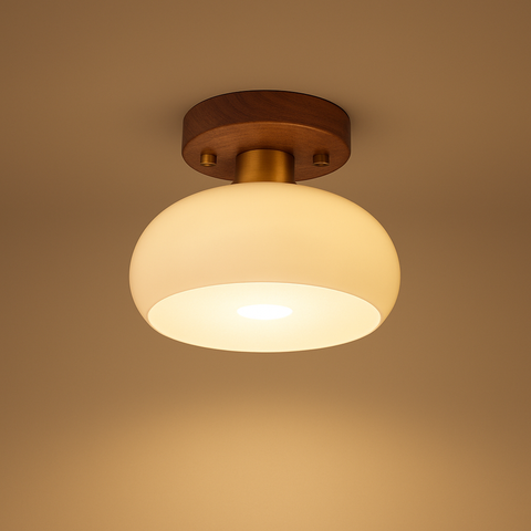 Plafonnier Dôme Verre Opalin et Bois Noyer - Salon Chambre Salle à Manger — Calotte
