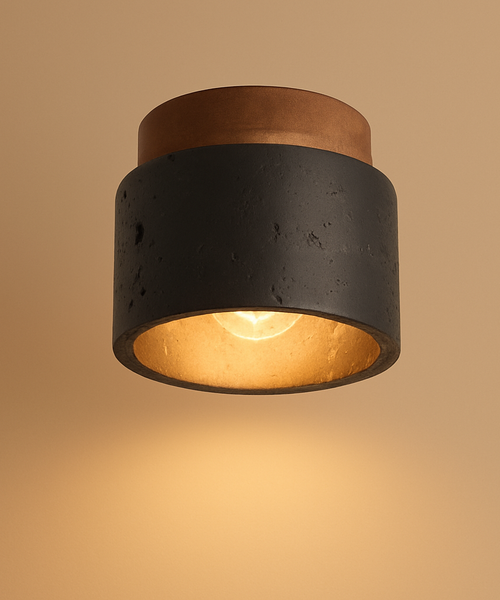 Plafonnier Cylindre Béton Noir et Bois Naturel - Salon Chambre Salle à Manger — Mimosa