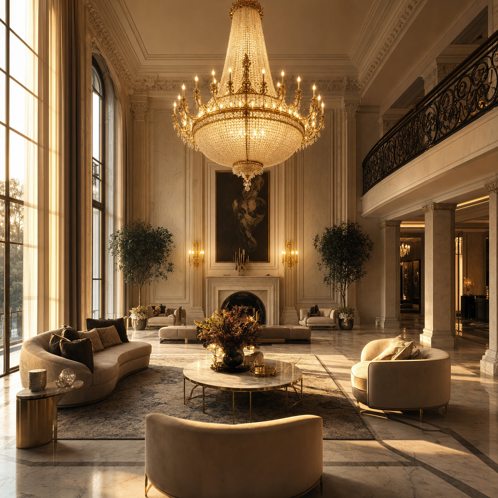 Un salon lumineux aux matières naturelles et au lustre sculptural